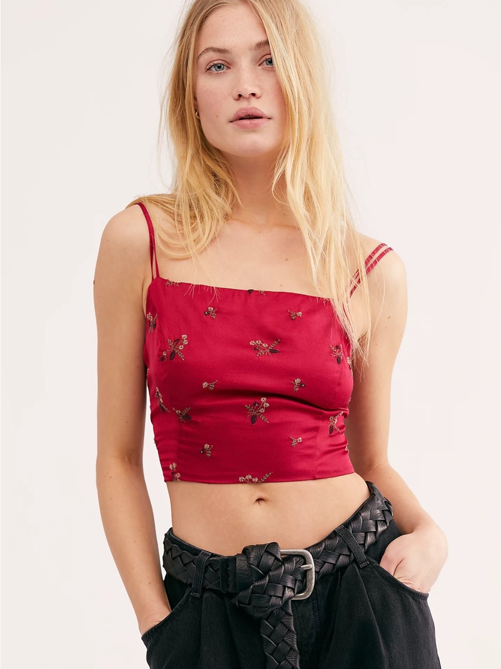 Free People Red Floral Square-Neck Cropped She Fine Embroidered Cami